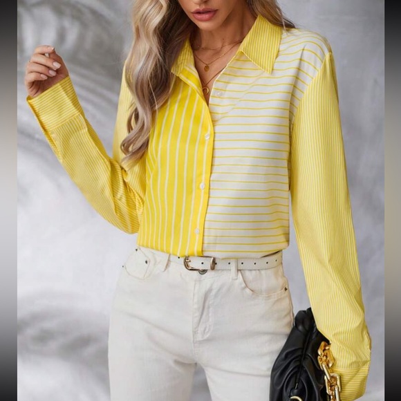 Classic Top Blouse Button Down Shirt Yellow White - Picture 3 of 10